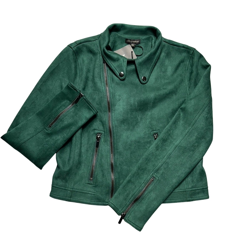 Shinestar Moto Jacket Womens L Green Faux Suede Asymmetrical Zip Edgy Biker
